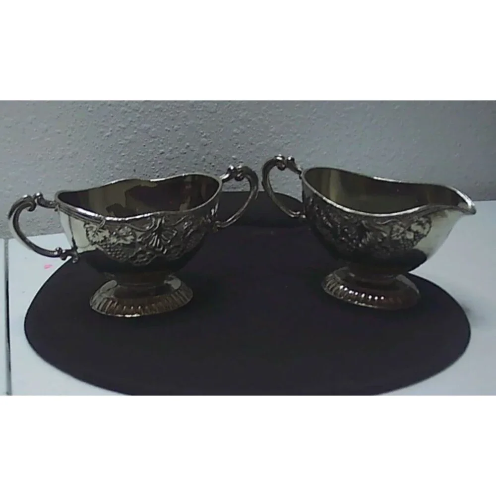 Vtg EP Zinc Grape Vine Sugar and Creamer Set Papan 4.5x2x2
